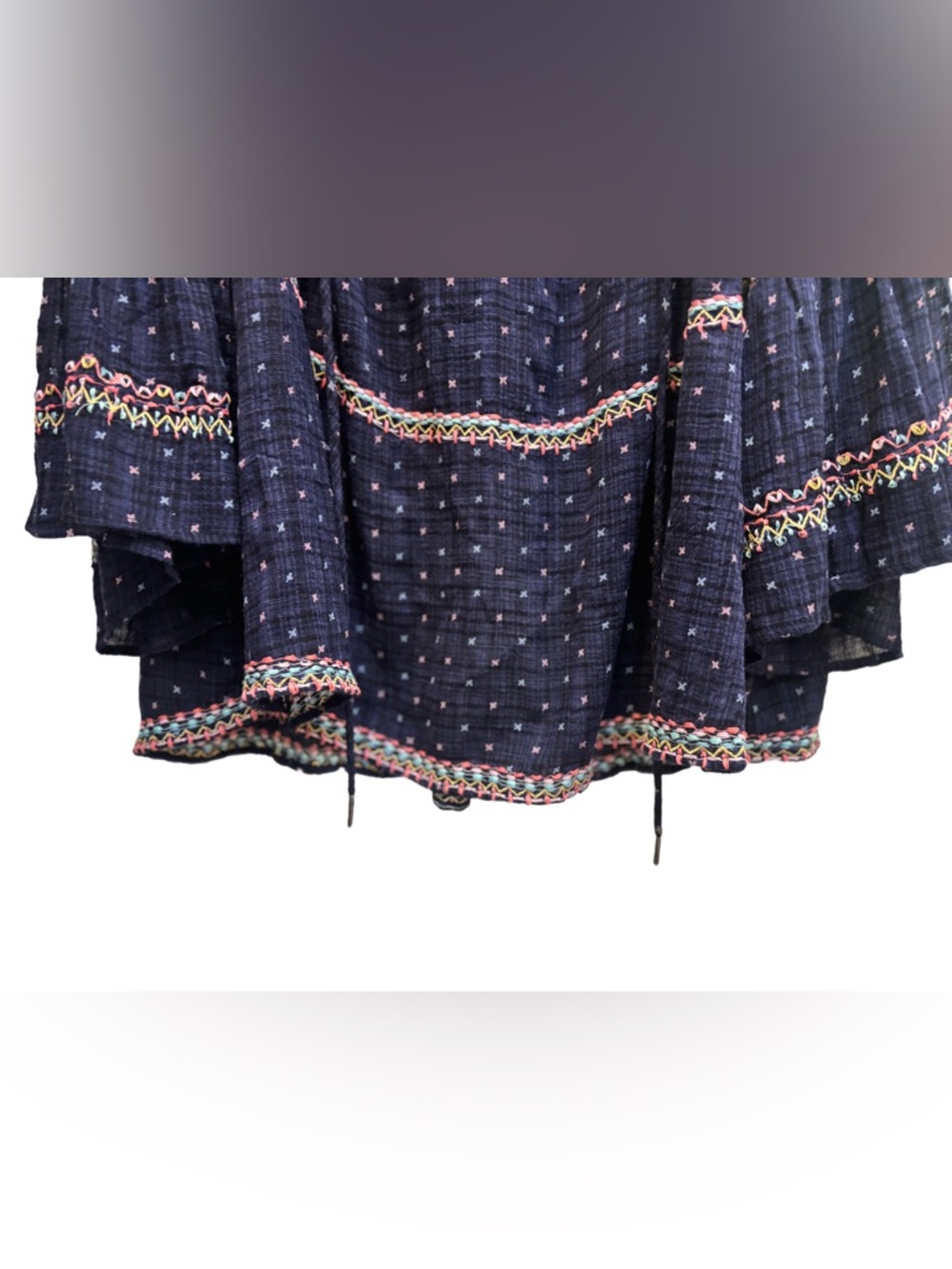 Free People “Talia” Embroidered Top in Navy/Multicolor, Boho Peasant Bell Sleeve - Picture 8 of 14